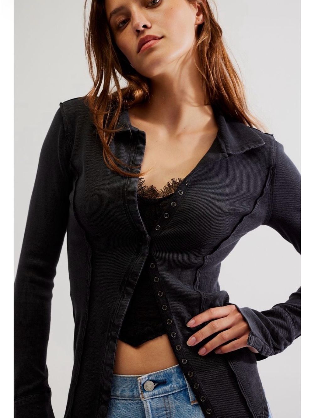 We The Free LILAC Long-Sleeve Button Front Ribbed Shirt
